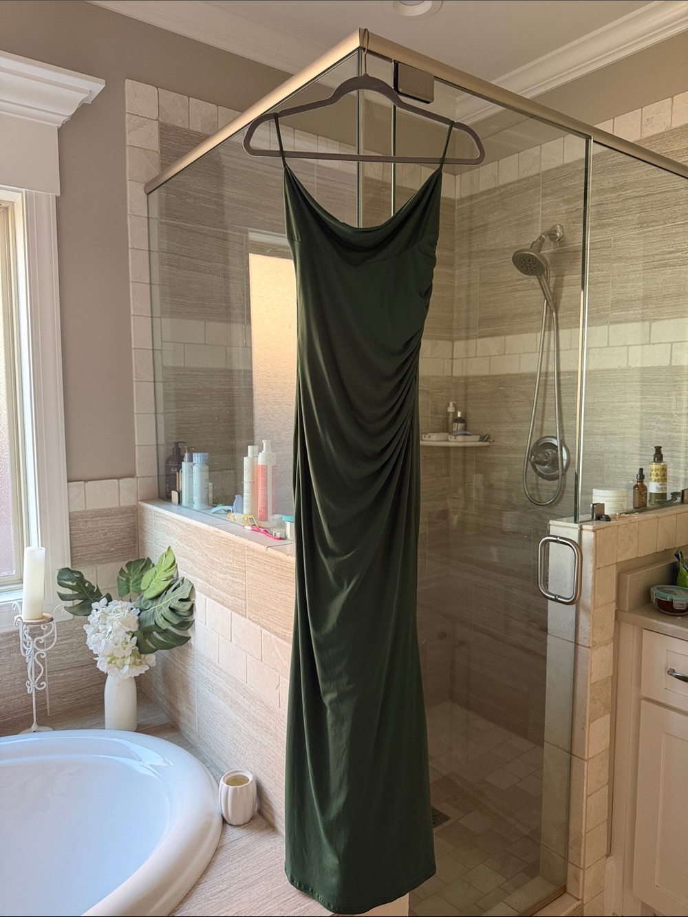 Draped Cowl Maxi Slip Dress in Olive Green